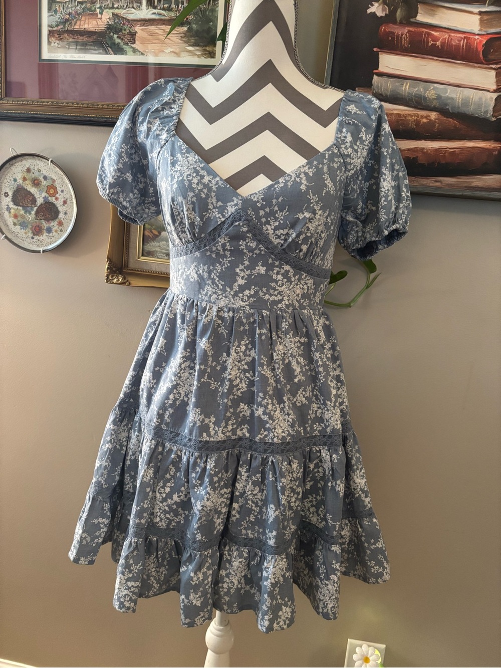 NWOT Altar'd State Dusty Blue Floral Puff-Sleeve Mini Dress